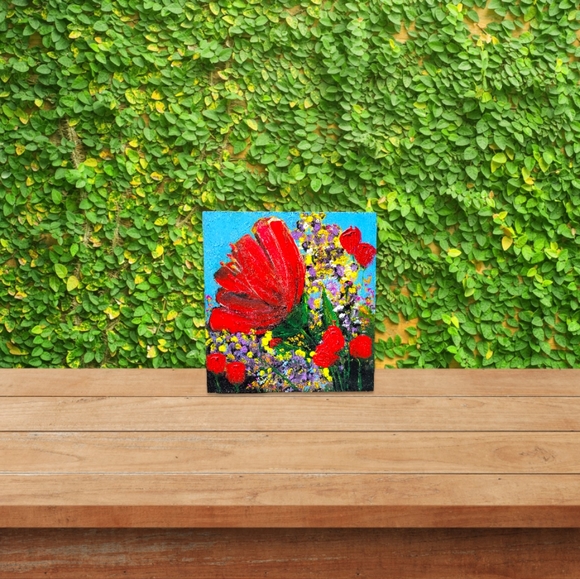 Original Red Poppy Flower Acrylic Painting on Upcycled Square Wood Board - Picture 13 of 13